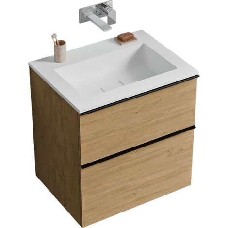 Unterschrank Bernstein LAVOA 60 cm mit Mineralguss Waschbecken BRUXELLES - Griff Anthrazit matt, Badmöbelfarbe Eiche Honiggold, Waschbecken Weiß matt ohne Hahnloch