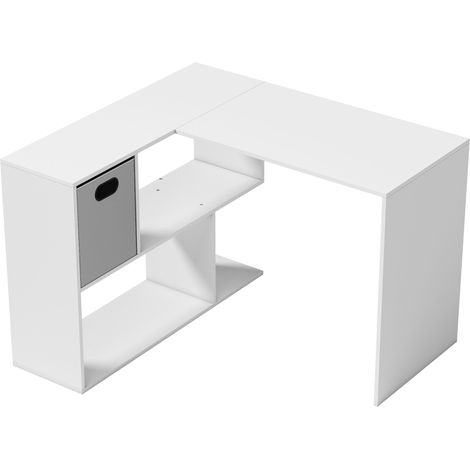 Scrivania Angolare Moderna 110x100x75 cm con Scaffale e Cassetto in Tessuto Bianco (1/5)