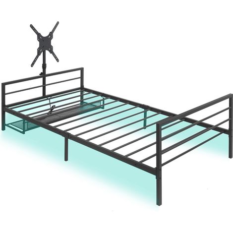Letto singolo in metallo a LED 95x200 cm, letto per adulti e bambini, letto per giochi Esports, supporto in metallo regolabile, contenitore sottoletto, nero