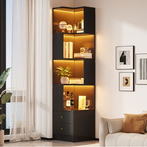 Étagère d'angle en L en MDF 45 x 43,5 x 180 cm avec LED contrôlée par appli, noire HAVRYA (1/5)
