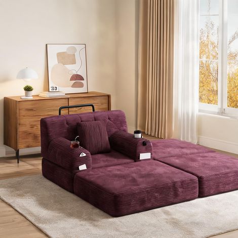 Canapé convertible en velours côtelé rouge avec pouf en corduroy (1/5)