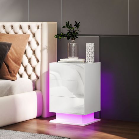 Commode moderne blanche laquée à 3 tiroirs, éclairage LED ajustable avec télécommande, 40x35x60 cm (1/5)