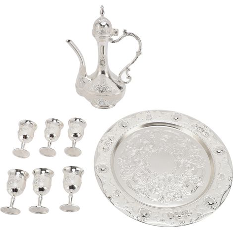 Ensemble café turc vintage 7 pièces en alliage de zinc, pot + 6 tasses + plateau, design élégant argent blanc, résistant à la rouille (1/5)