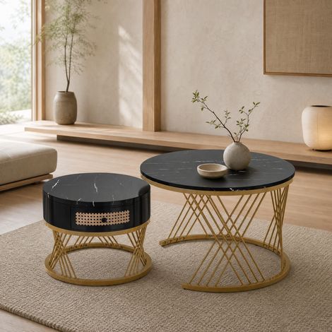 Mesa de centro nido redonda de 2 piezas, MDF, negra y dorada DESVIAE (1/5)