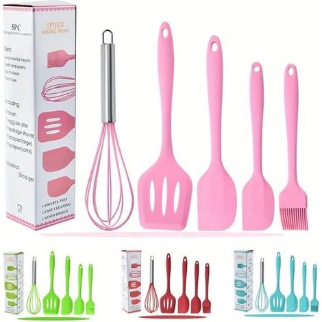 Set di 5 utensili da cucina in silicone colorato, comprensivo di: strumenti, utensili e accessori.