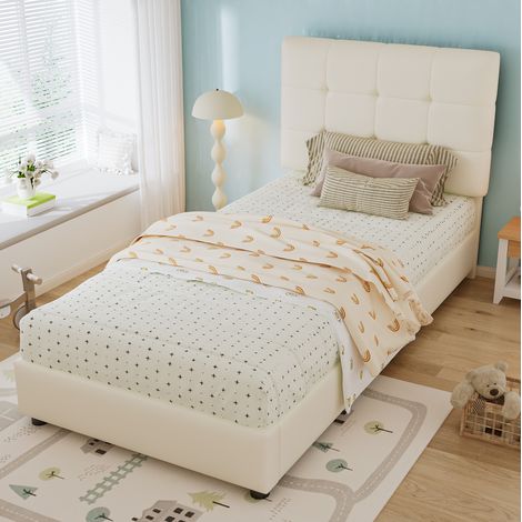 Cama infantil 90x200 cm beige, PU y hierro con cabecero de galleta (1/5)