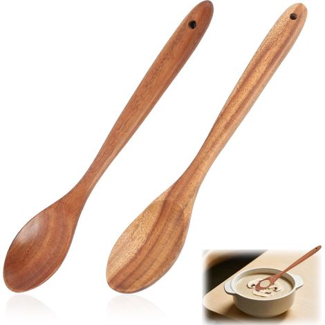 Lot de 2 Cuillère, Bois d'acacia, 30 cm, Ergonomique, Antiadhésif, Cuisine quotidienne