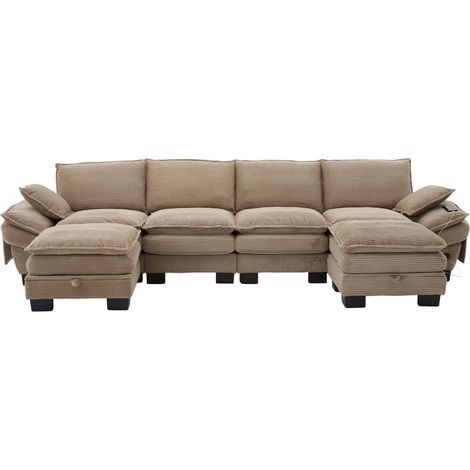 Canapé modulable 4 places en velours côtelé avec 2 repose-pieds, large assise ergonomique, mousse haute densité, USB-C, kaki (1/5)