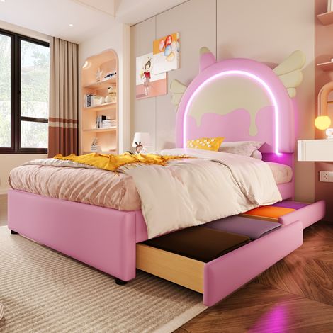 Lit simple 90x200cm Licorne avec bande LED tiroirs de rangement MDF et PU Rose (Sans matelas) (1/5)