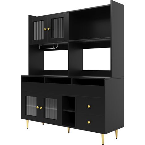Buffet avec portes vitrées, porte-bouteilles intégré et rangement multifonction en MDF noir et or 145x39x171 cm (1/5)