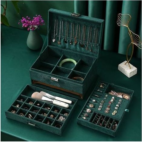 Scatola portagioielli da donna a 3 strati – Cofanetto da viaggio con serratura – Scomparti per collane, anelli, bracciali – Velluto ecologico – (1/5)