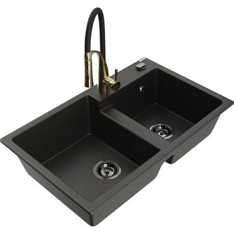 Mexen Tomas évier en granit 2 bacs avec robinet de cuisine Aster, noir/doré métallique - 6516-75-73450-57-B (1/5)