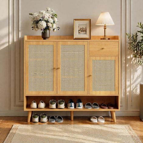 Scarpiere in rattan naturale con 3 ante, 1 cassetto e 5 ripiani, 120 x 35 x 106 cm, naturale HAVRYA (1/5)