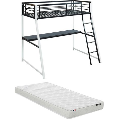 Letto a soppalco con scrivania integrata 90 x 190 cm Nero e bianco - MALICIA + materasso incluso (1/5)
