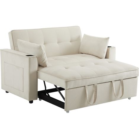 Divano letto pieghevole 3 in 1 in velluto beige con portabicchieri e 2 cuscini MODENUIT (1/5)