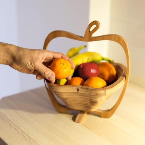 Cestino per la frutta pieghevole in bambù a forma di mela, ripiano per la frutta a fisarmonica, legno, altezza x larghezza x profondità: 30 x 26 x 14 cm, colore naturale. (1/4)