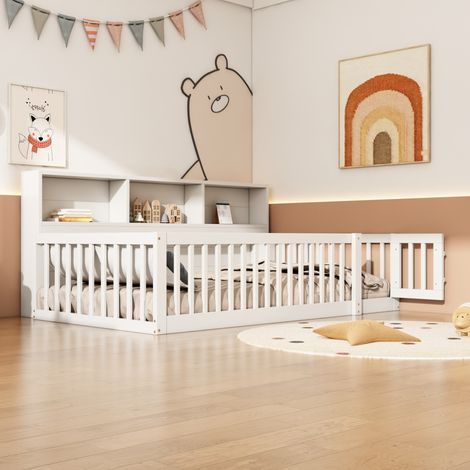 Lit banquette enfant en pin et MDF blanc 90x200 cm avec rangements latéraux et sommier à lattes (1/5)