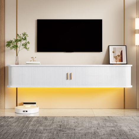 Mueble tv suspendido - 175 x 30 x 30 cm - puertas correderas acanaladas con led controlable por aplicación cajón - estilo moderno - mdf - blanco (1/5)