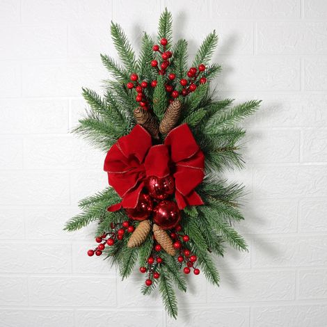 Couronne de Noël Décoration de Noël Escaliers Arc rouge Décoration de maison Pendentif floqué de Noël Décoration de porte d'entrée de Noël (1/4)