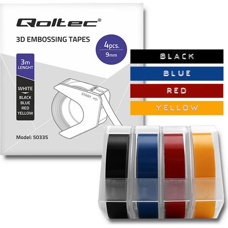 Lot de 4 rubans adhésifs 3D Qoltec pour gaufreuse DYMO Omega  9 mm x 3 m  4 couleurs  Autocollants