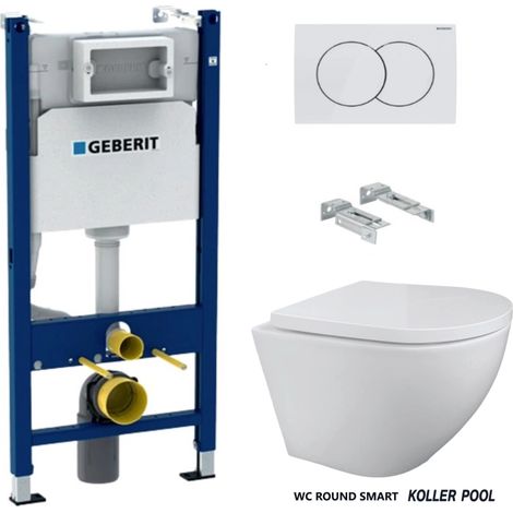 Bâti-support GEBERIT Duofix pack réservoir encastrable et plaque DELTA 01 Blanc BR avec WC suspendu ROUND SMART Blanc Tornade 3.0 par KP