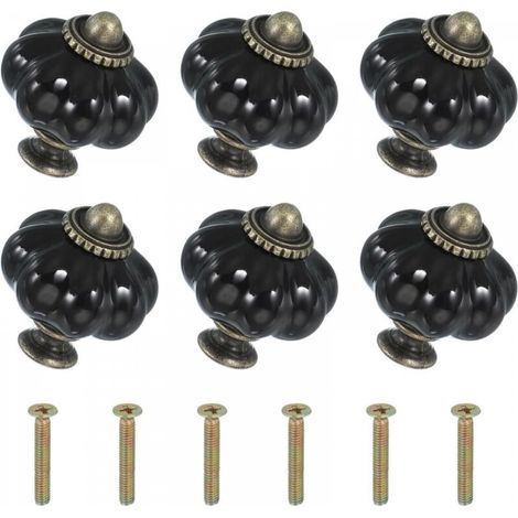 Six boutons en céramique noire, de 3,3 x 3,3 x 3,8 cm chacun, avec vis. Boutons et poignées de tiroir en céramique en forme de citrouille. (1/5)