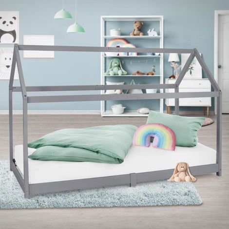 ML-Design Lit Cabane Enfant 90x200 cm avec Toit et Sommier à Lattes, Gris Clair en Bois Massif, Couchage au Sol Maisonnette pour Fille Garçon Adolescent Chambre à Coucher, Structure Style Maison (1/5)