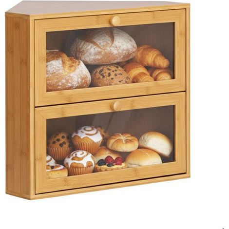 Boîte À Pain - Angle - Bambou - 2 Étages - Aération Arrière - Portes Vitrées - 35x40x27,5 Cm - 1 Pièce (1/5)