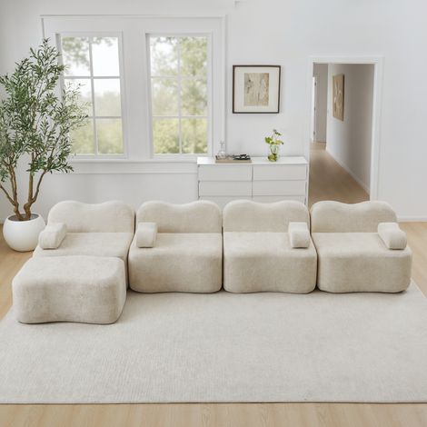 Canapé d'angle modulaire 4 places sans armature, vague, mousse HD 32D, coussin d'accoudoir amovible, tissu moelleux, pour salon, beige, avec pouf (1/4)