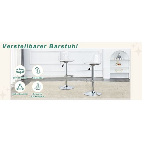 Lot de 2 tabourets de bar réglables avec dossier transparent et pieds en métal argenté, hauteur 82-104 cm, rotation 360° (1/5)