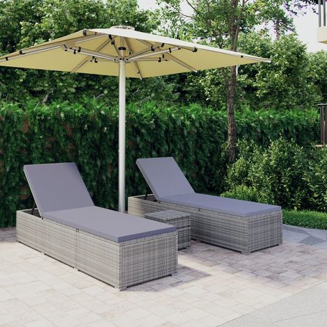 Vidaxl – Ensemble de 2 chaises longues réglables en résine tressée gris – Table à thé 40x40cm – Résistant aux intempéries – Facile à entretenir