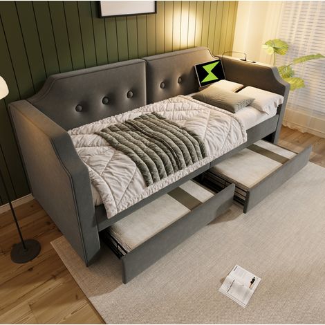 Bett 90x200 cm Polsterbett in Grau aus Samt mit Knopfkopfteil, USB-C, Leselampe und 2 Schubladen (1/5)