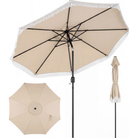 270CM Parasol de Jardin avec 8 Baleines Métalliques, Toile Polyester Anti-Déchirure, Bordure à Franges, Inclinaison Bouton-Poussoir, Beige (1/5)