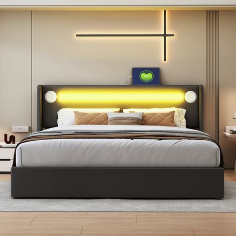 Lit double 160x200cm cuir PU rangeable,bande LED + Bluetooth + chargeur USB,cadre à lattes noires,structure mezzanine