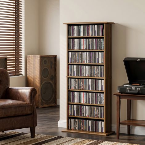 Rangements CD-DVD 8 compartiments 6 étagères réglables, capacité 360 CD/185 DVD noyer. Rangement élégant pour vos supports numériques et collections personnelles. (1/5)