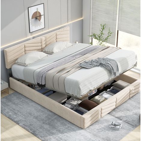 Bett im Polsterstil 140x200 cm aus Samt in Beige mit verstellbarem Kopfteil und Lattenrost (1/5)