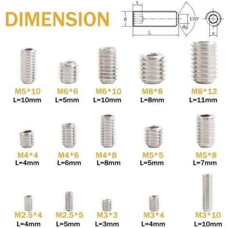 Kit De 300 Vis Sans Tête Hexagonale, XU, Acier Inoxydable, M2.5-M8 - (1/4)