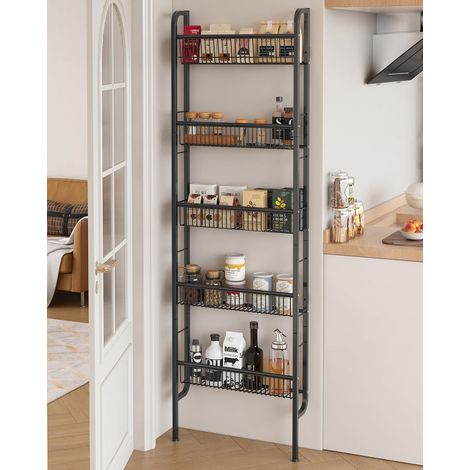 1 - Étagère Murale - Étagère Métal - 5 Niveaux de Rangement - Design Étroit pour Espaces Restreints - Idéal Salle de Bain et Cuisine - Noir - 8,8x30x150cm