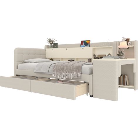 Lit de jour 90x200, banquette, avec 2 tiroirs, bureau, USB Type-C, coffre flip top, étagère, sommier, matelas non inclus, lin beige, gain de place (1/5)
