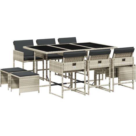 vidaXL Set Pranzo Giardino 11pz con Cuscini Grigio Chiaro Polyrattan (1/5)