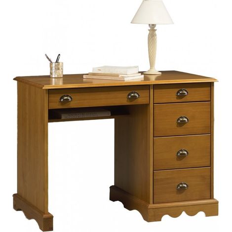 Beaux Meubles Pas Chers – Bureau enfant en pin massif miel – Largeur 100 cm, Hauteur 74.7 cm, Profondeur 58.3 cm – 5 tiroirs pratiques pour rangement (1/5)