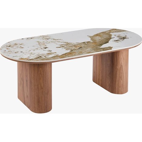 EVORA Table basse en pierre frittée blanc pieds couleur bois clair (1/5)