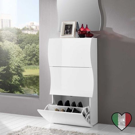 Scarpiere Salvaspazio Slim 3 ante a ribalta in legno bianco lucido L. 71x120 P.26 cm - Onda  StilProjectStore.com (1/4)
