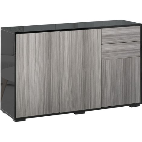High Gloss Push-Open Side Cabinet W/ 2 Drawer, 2 Door Cabinet for Home Office Black and grey