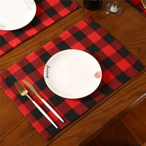 Lot de sets table à carreaux buffle Noël en et toile jute réversibles décorations manger Noë 6 polyester rouges noirs (1/4)