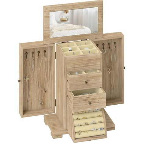 Coffret à bijoux en bois de paulownia avec miroir intégré et organisation à 4 niveaux, brun (1/5)