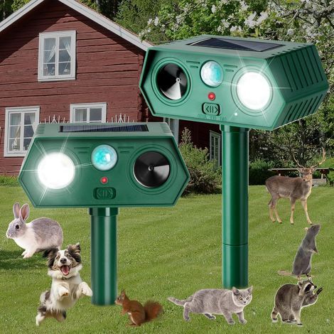 Set aus 2 Ultraschall-Tierabwehrgeräten, solarbetriebene, bewegungsaktivierte Abschreckungsgeräte für den Außenbereich mit blinkenden LED-Leuchten, geeignet für Gärten und Rasenflächen. (1/5)