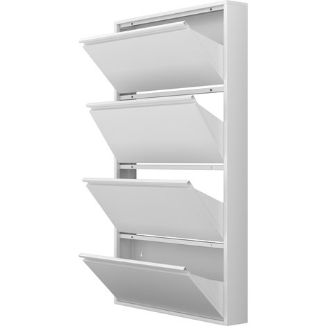 Wand-Schuhschrank 80x15,2x144,6 cm aus weißem Metall mit 4 Klappen, platzsparend (1/5)