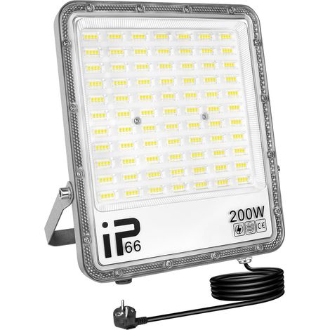 Projecteur d'extérieur 200W,Sécurité projecteur 20000 lumens avec prise 230V, lampe de travail extérieure, 6000K éclairage extérieur blanc pour cour patio parking jardin,étanchéité IP66 (1/5)