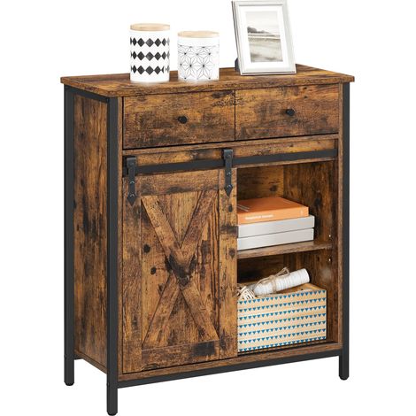 Meuble de Rangement, Buffet, Armoire de Cuisine, Placard, avec Porte Coulissante, 30 x 70 x 80 cm, Étagère Réglable, Style Campagnard, pour Salon, Marron Rustique et Noir (1/5)